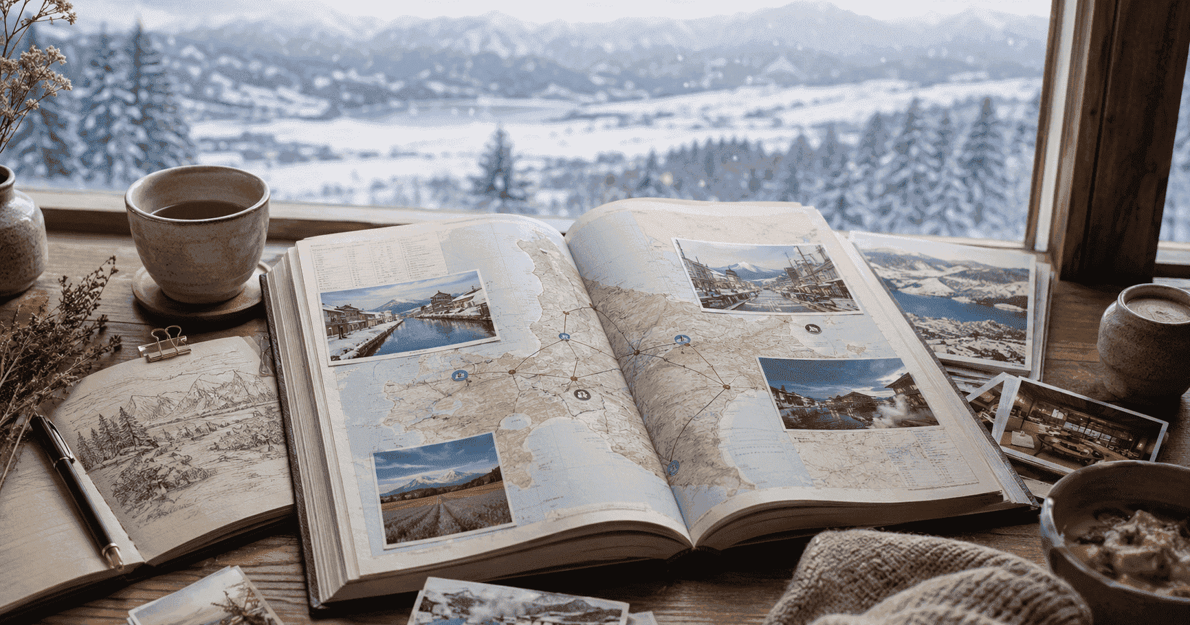 北海道路線雜誌視覺,旅行筆記、照片與地圖串起可閱讀的行程節奏。