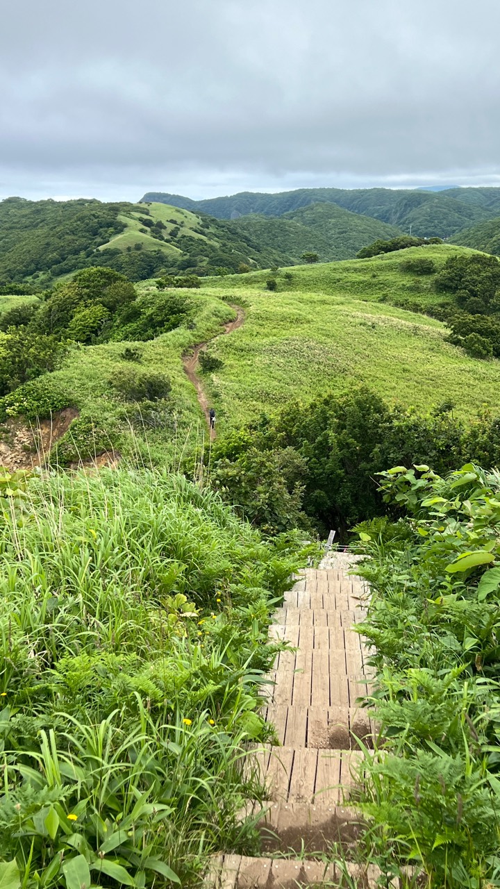 島武意海岸綠色山坡步道實拍，呈現積丹海岸的上下坡與停留節奏。