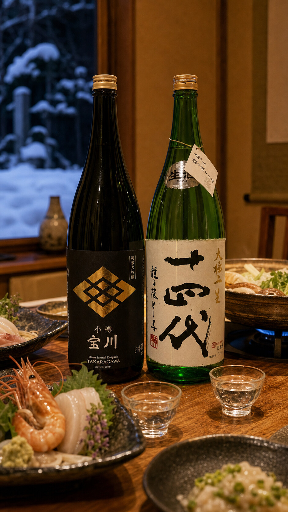 北海道冬夜餐桌上小樽寶川與十四代清酒、海鮮與鍋物的生成式示意圖。
