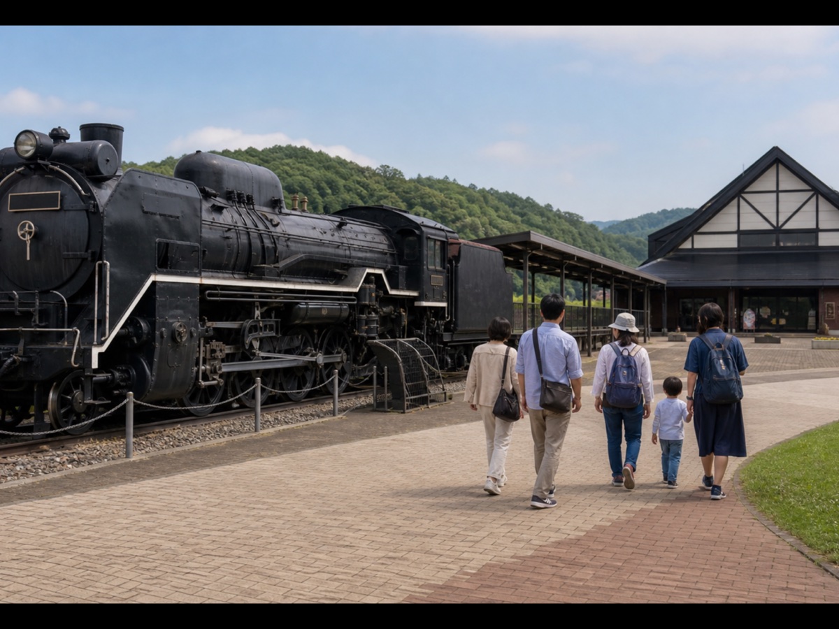 安平 D51 蒸汽機車與回程日旅人生成式編輯示意圖。